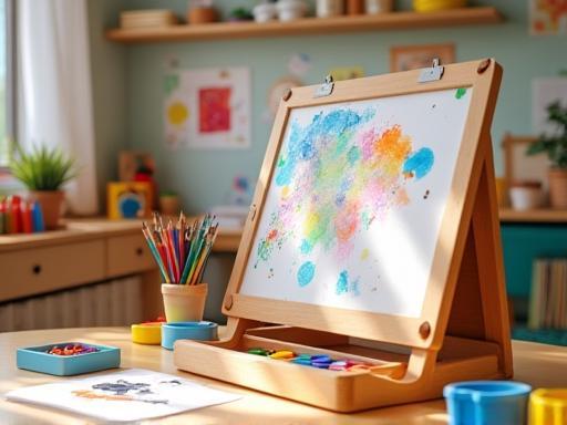 Children's art station stocked with various creative materials like paints, crayons, and craft supplies