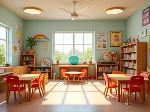 Bright and colorful indoor classroom filled with learning resources, books, and age-appropriate toys
