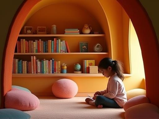 Cozy reading nook with comfortable seating, cushions, and a wide selection of children's books
