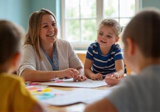 Preschool children engaged in a group learning activity with their teacher at Wattlewood